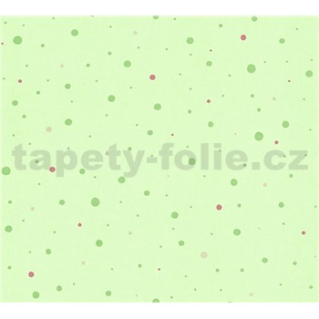 Dětské vliesové tapety na zeď Little Stars tečky zelené a růžové na zeleném podkladu